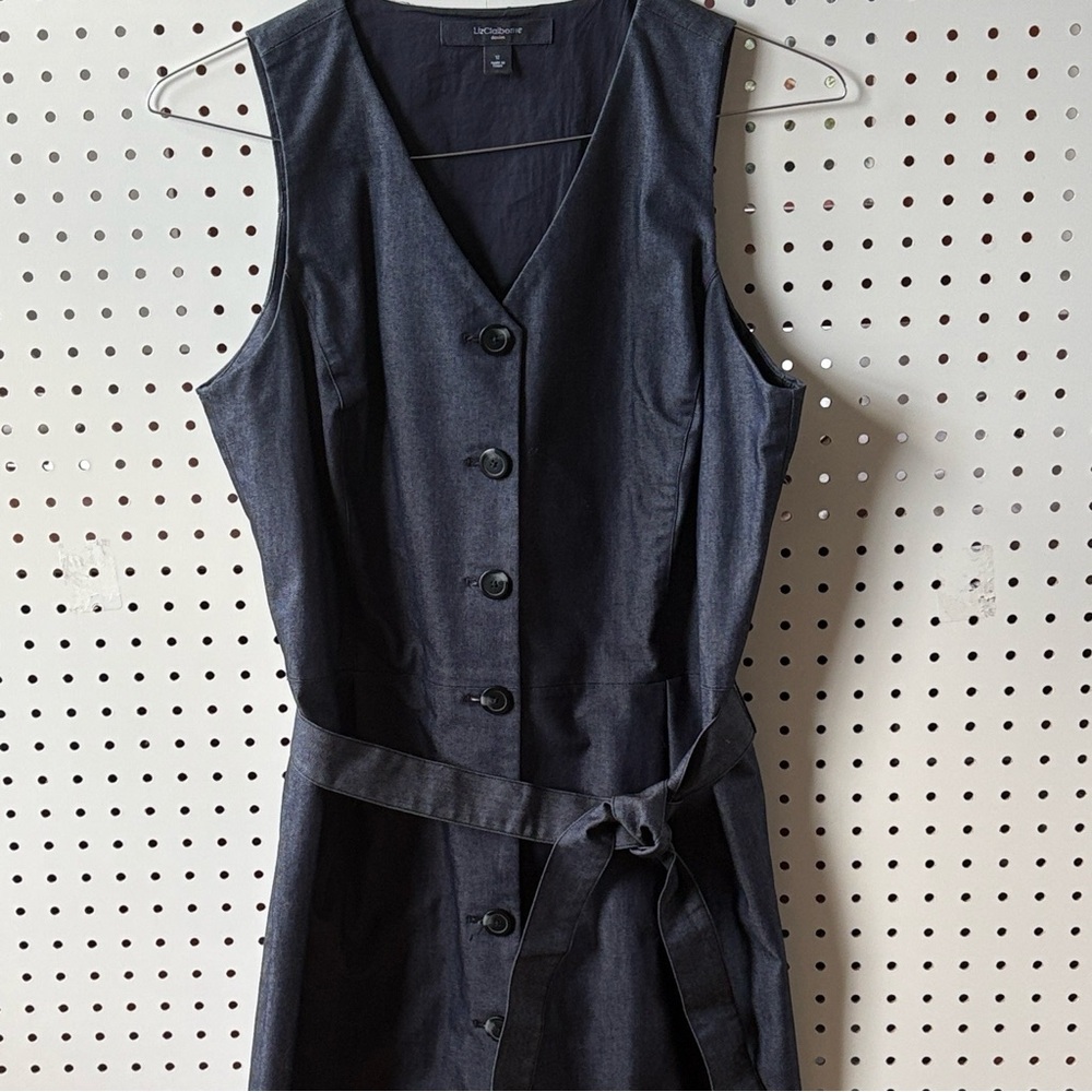 Liz Claiborne Sleeveless Denim Navy Button-Down Midi Wrap Belted Dress size 12